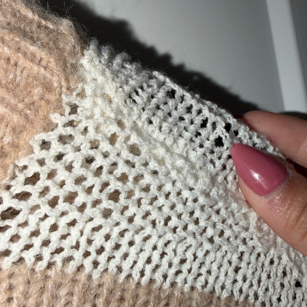 NWT Lush Tan Striped Crochet Knit Crew Neck Fuzzy Sweater - Cream Taupe Multi - Picture 3 of 6